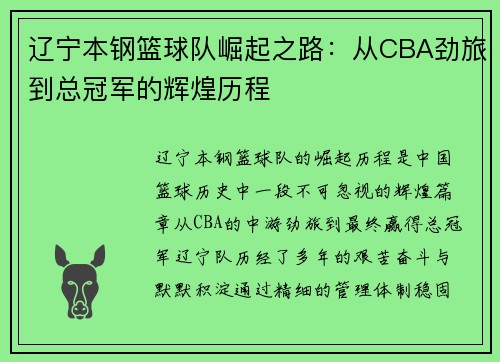 辽宁本钢篮球队崛起之路：从CBA劲旅到总冠军的辉煌历程